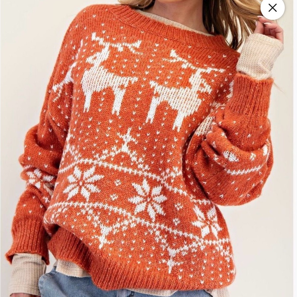 Easel Orange Reindeer Pattern Sweater